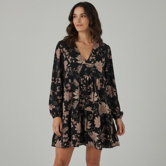 Sanctuary Dresses & Skirts - Sanctuary Black V Neck Long Sleeve Floral Tiered Mini Dress